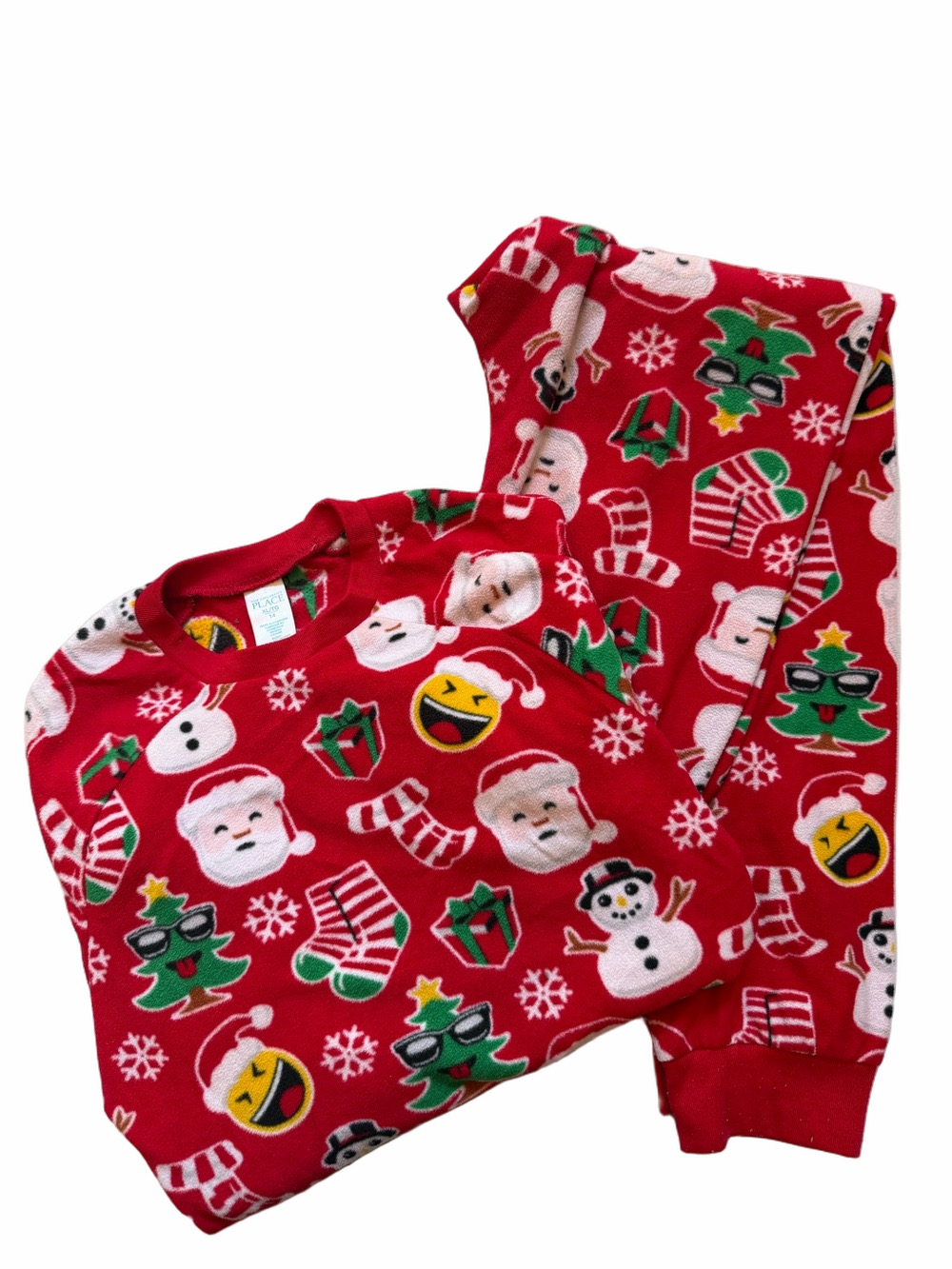 Children’s Place Sz 14 Unisex Kids Red Christmas Emoji Santa Pajama Set Boy Girl